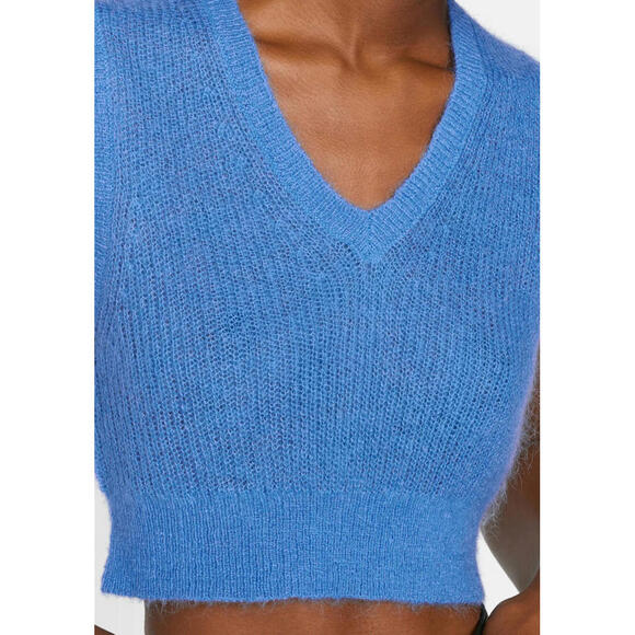 FRAME Sweater Top Small Shrunken Mohair Vest Blue Cropped Knit V-Neck Orig $255 - Picture 9 of 9